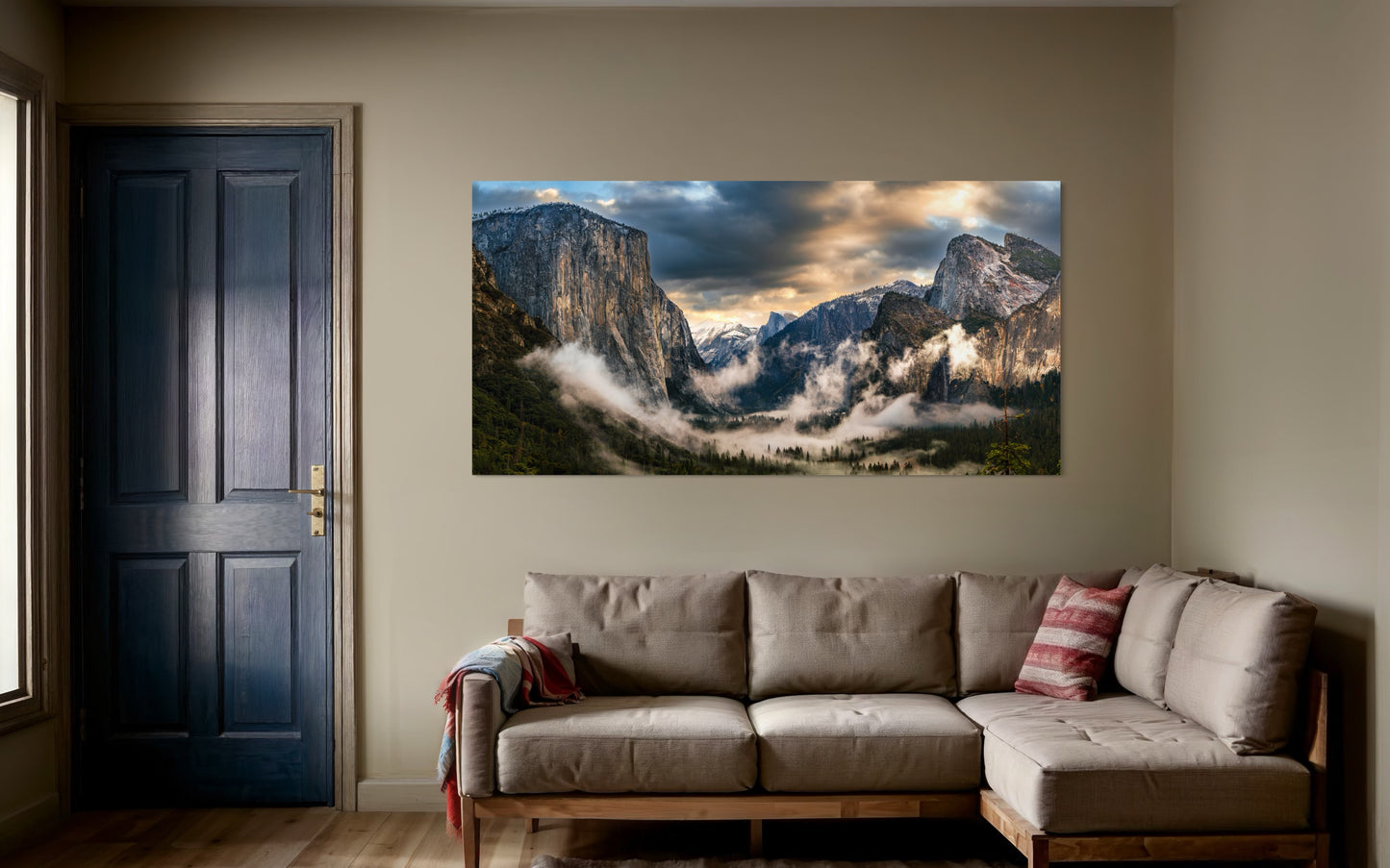 A dramatic winter panorama of Yosemite Valley from Tunnel View, featuring Half Dome, El Capitan, colorful sunset clouds, and drifting storm fog.
