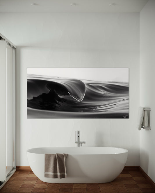 A striking black-and-white wave abstract capturing fluid motion and sculpted light. A refined fine-art ocean print for modern, minimalist collectors.