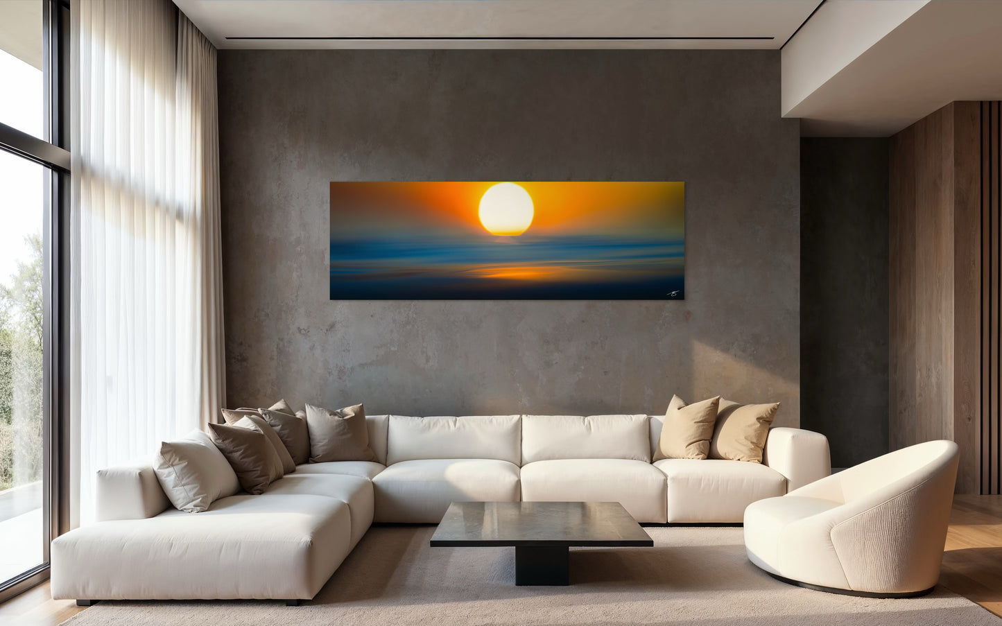 Modern living room with a large sectional sofa and a wall-mounted painting of a sunset.