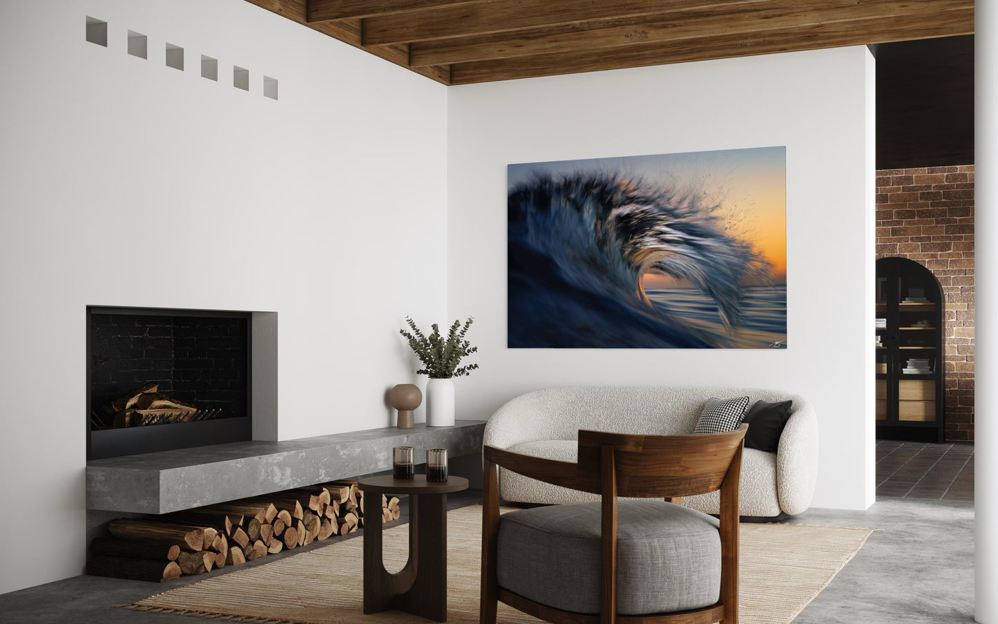 Modern living room with a large abstract painting of a wave on the wall.