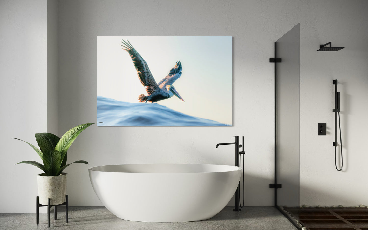 A brown pelican glides low over rising ocean swells at sunrise. A striking fine art wildlife photograph capturing motion, grace, and California’s coastal beauty.