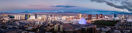 Aerial panoramic view of the Las Vegas skyline at twilight, fine art cityscape photography by Beau Jesse Johnston.