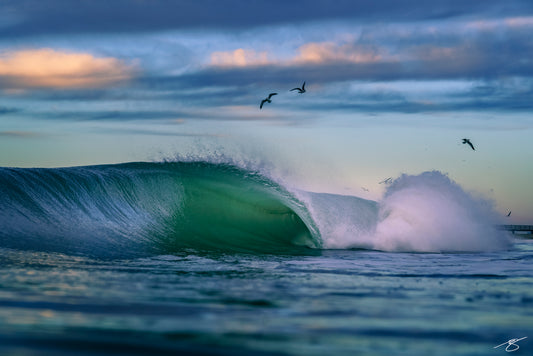 Panoramic photo of a hollow emerald wave breaking at dawn with seabirds flying above a pastel sky and white spray exploding near a distant pier