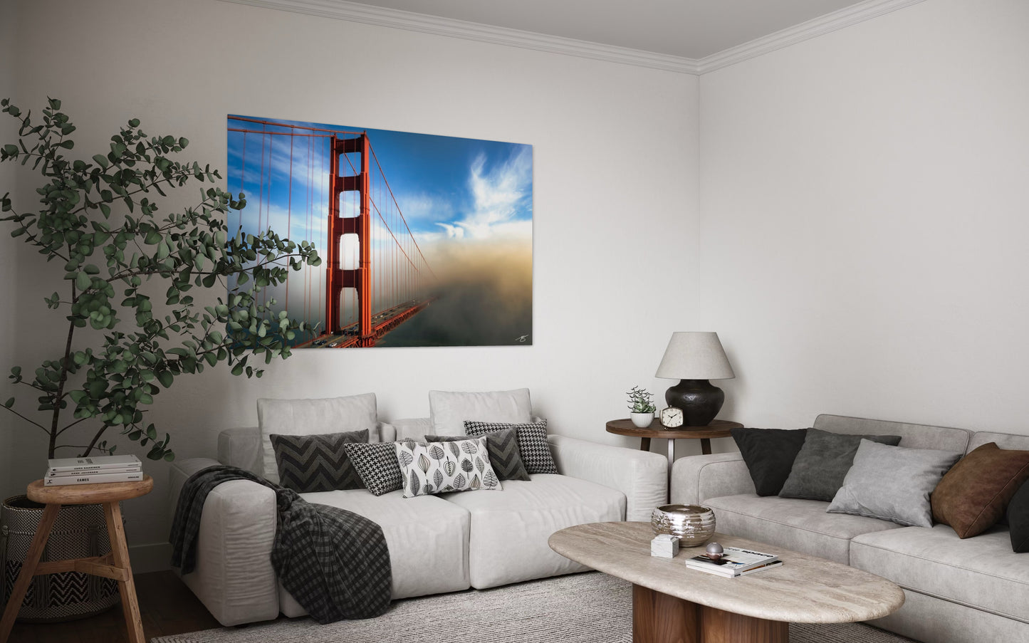 Living room with a large wall art of the Golden Gate Bridge.
