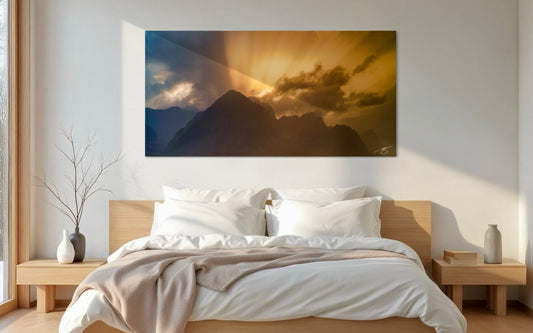 Bedroom with a large mountain landscape painting on the wall