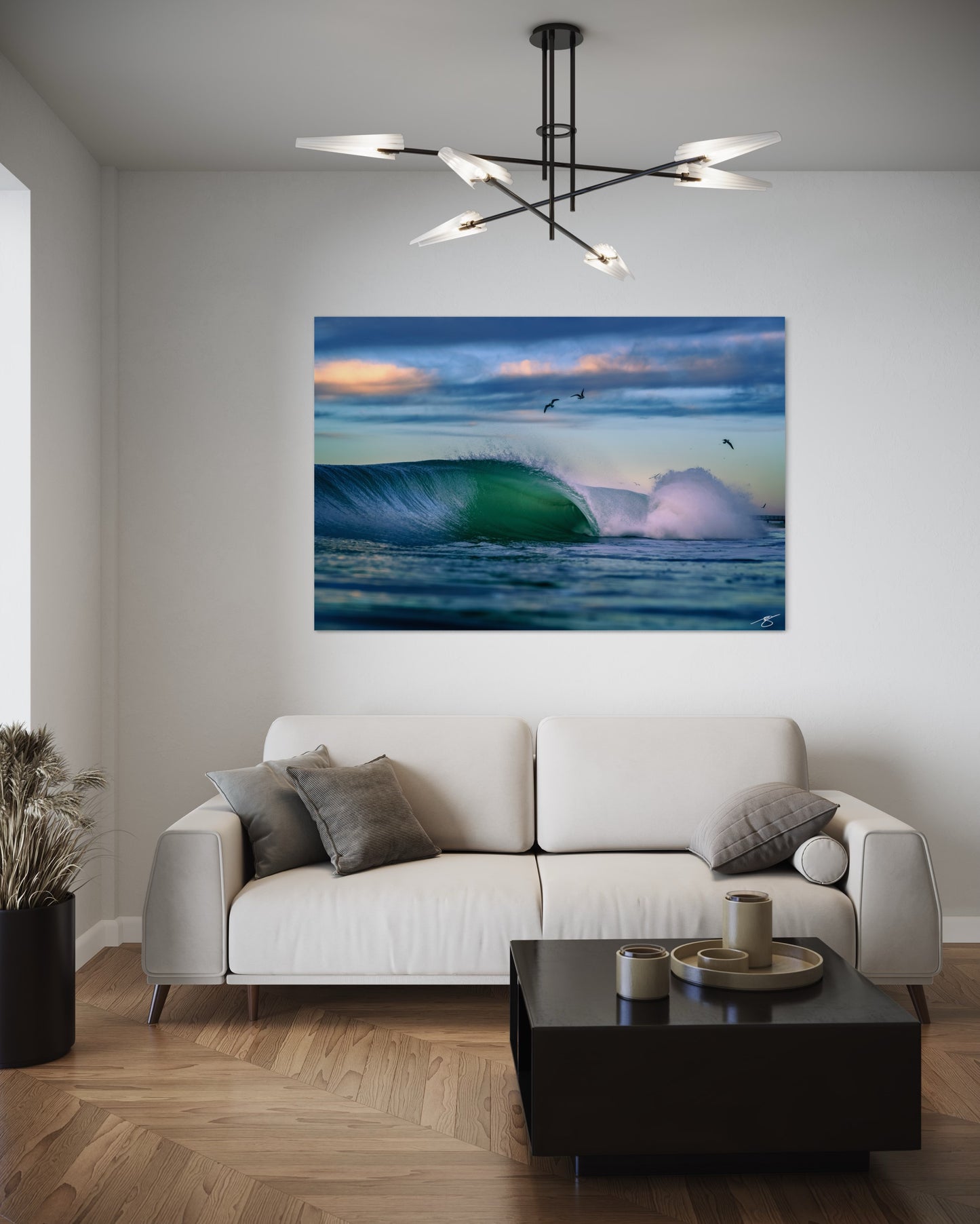 Emerald Barrel at Dawn — Ocean Wave with Seabirds