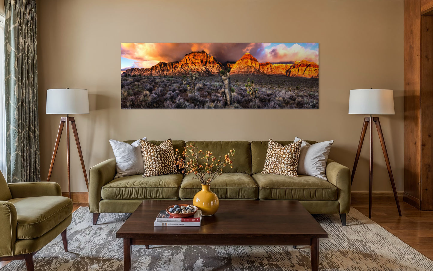 Red Rock Canyon Firelight – Sunset Panorama with Joshua Trees (Las Vegas Wall Art)