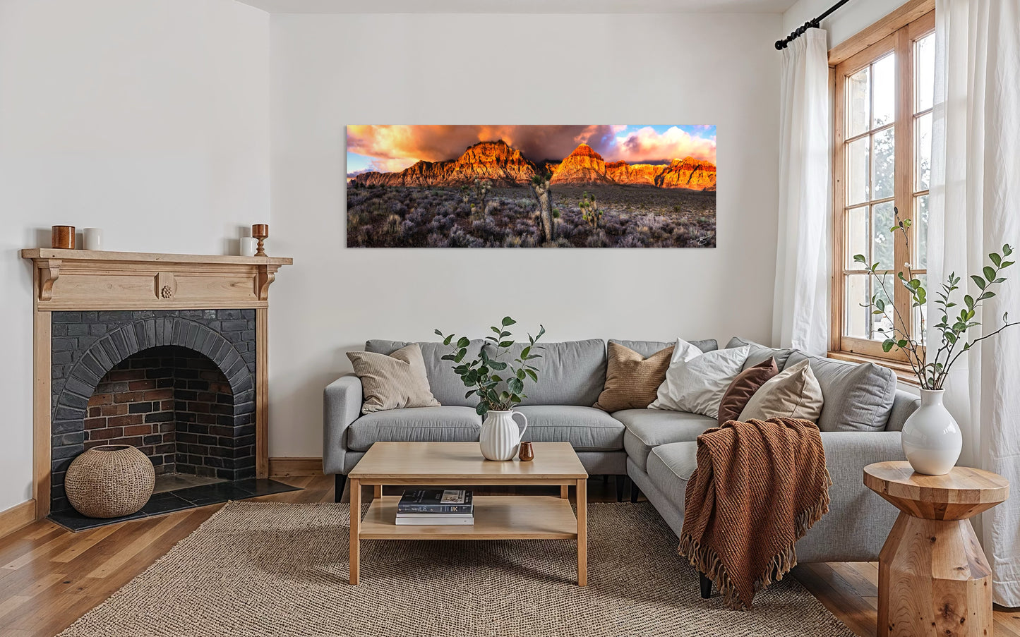 Red Rock Canyon Firelight – Sunset Panorama with Joshua Trees (Las Vegas Wall Art)