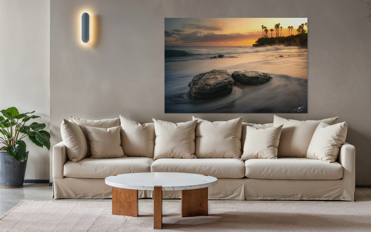 Laguna Beach Golden Wash — Sunset Palms & Tidal Motion