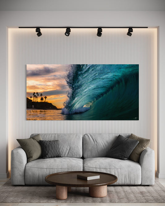 Laguna Sunset Barrel — Ocean Wave & Palm Silhouette Coastal Print