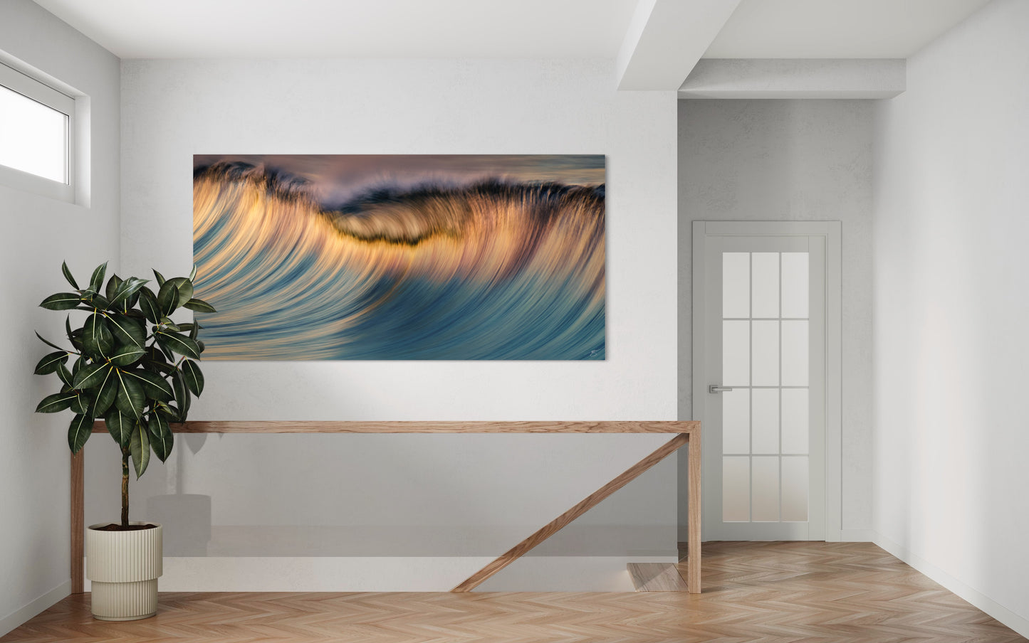 Golden Sway — Abstract Wave Motion at Sunset (Panoramic Coastal Print)