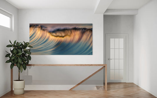 Golden Sway — Abstract Wave Motion at Sunset (Panoramic Coastal Print)