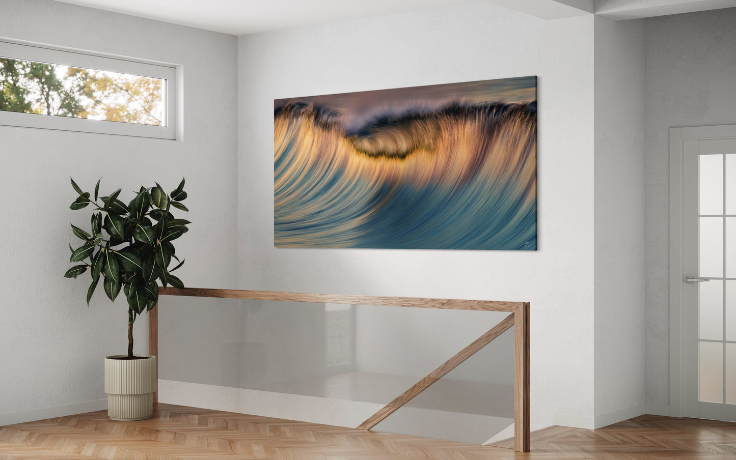 Golden Sway — Abstract Wave Motion at Sunset (Panoramic Coastal Print)