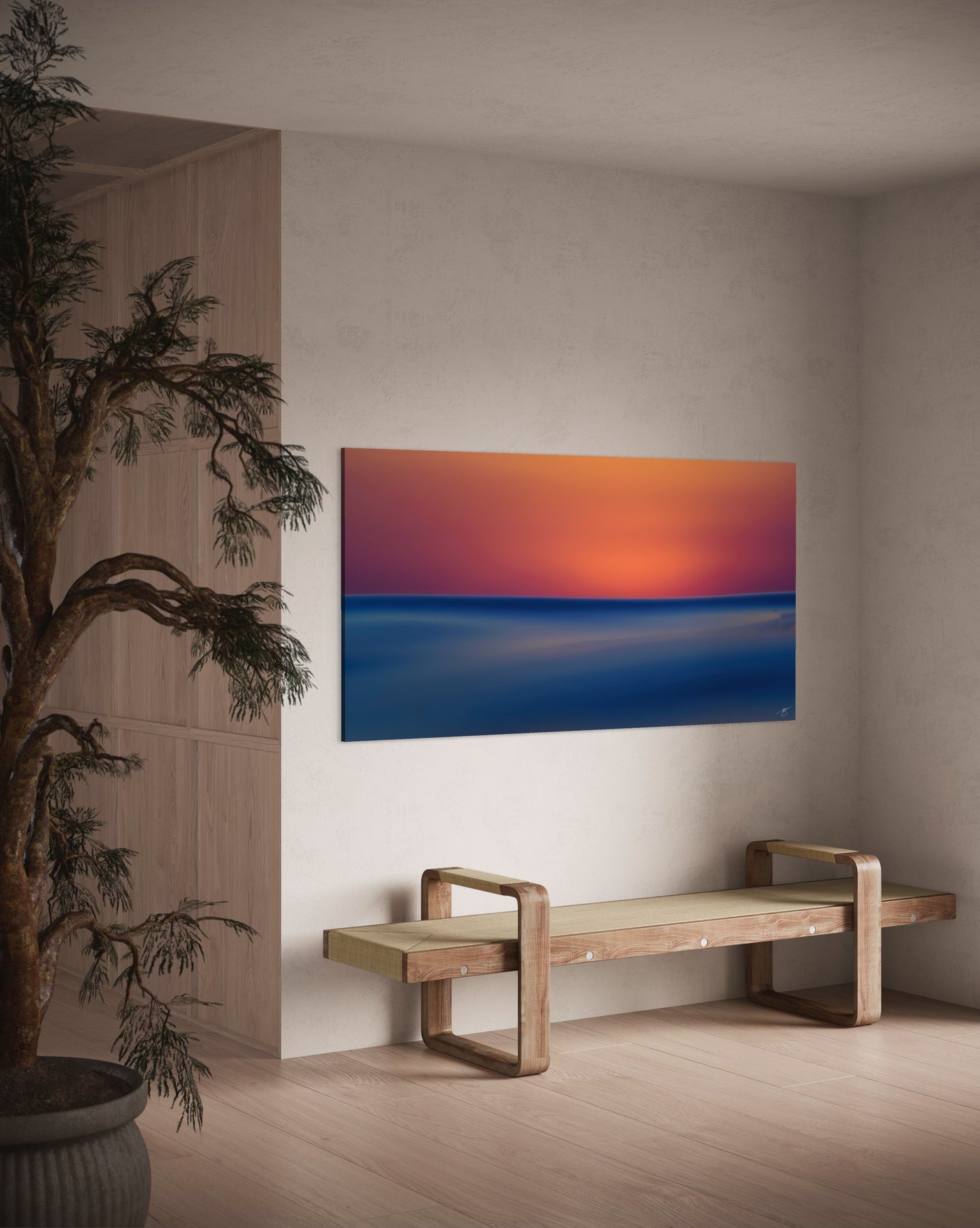 Zen Horizon — Minimalist Ocean Sunset in Blue & Amber (Panoramic Print)