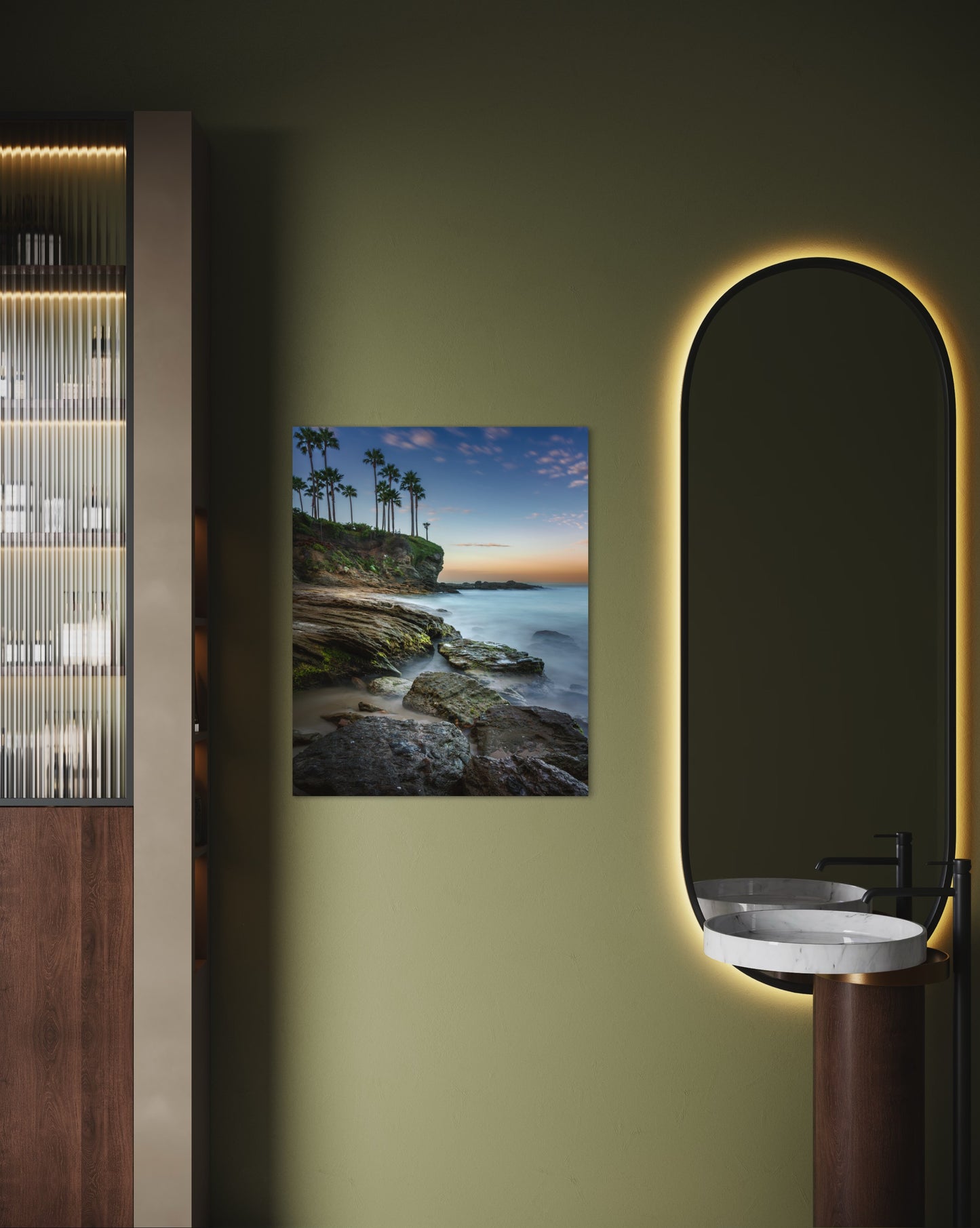 Laguna Palms at Dusk — Tidal Mist & Coastal Cliffs (Laguna Beach, CA)