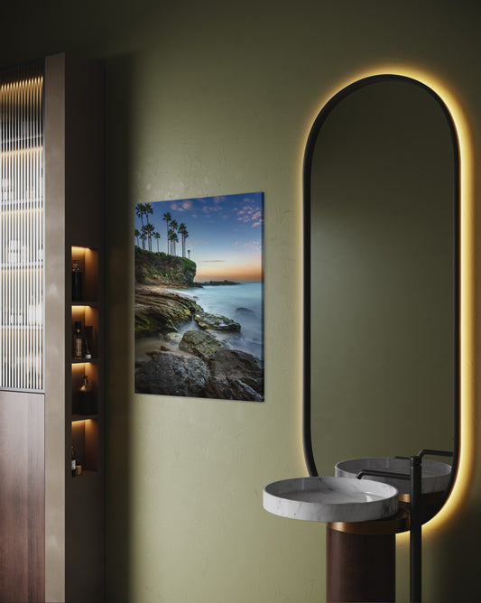 Laguna Palms at Dusk — Tidal Mist & Coastal Cliffs (Laguna Beach, CA)