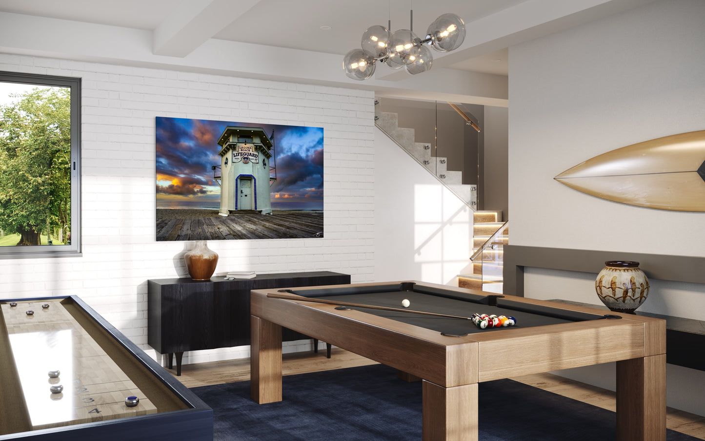 Laguna Beach lifeguard tower at sunrise with colorful clouds, ocean backdrop, and wooden boardwalk in coastal fine art photograph.