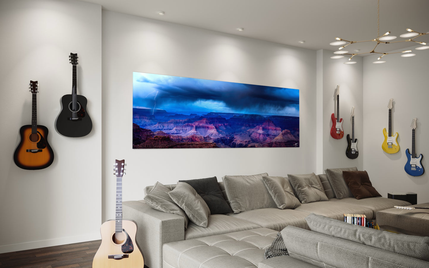 Lightning strikes during a monsoon storm over the Grand Canyon, with dark clouds and layered canyon formations in a dramatic panoramic scene.