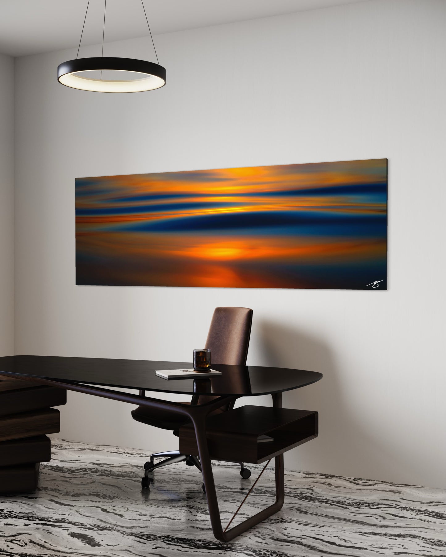 Minimalist ocean sunset abstract with glowing golden reflections over deep blue waves, creating smooth layered bands of color.