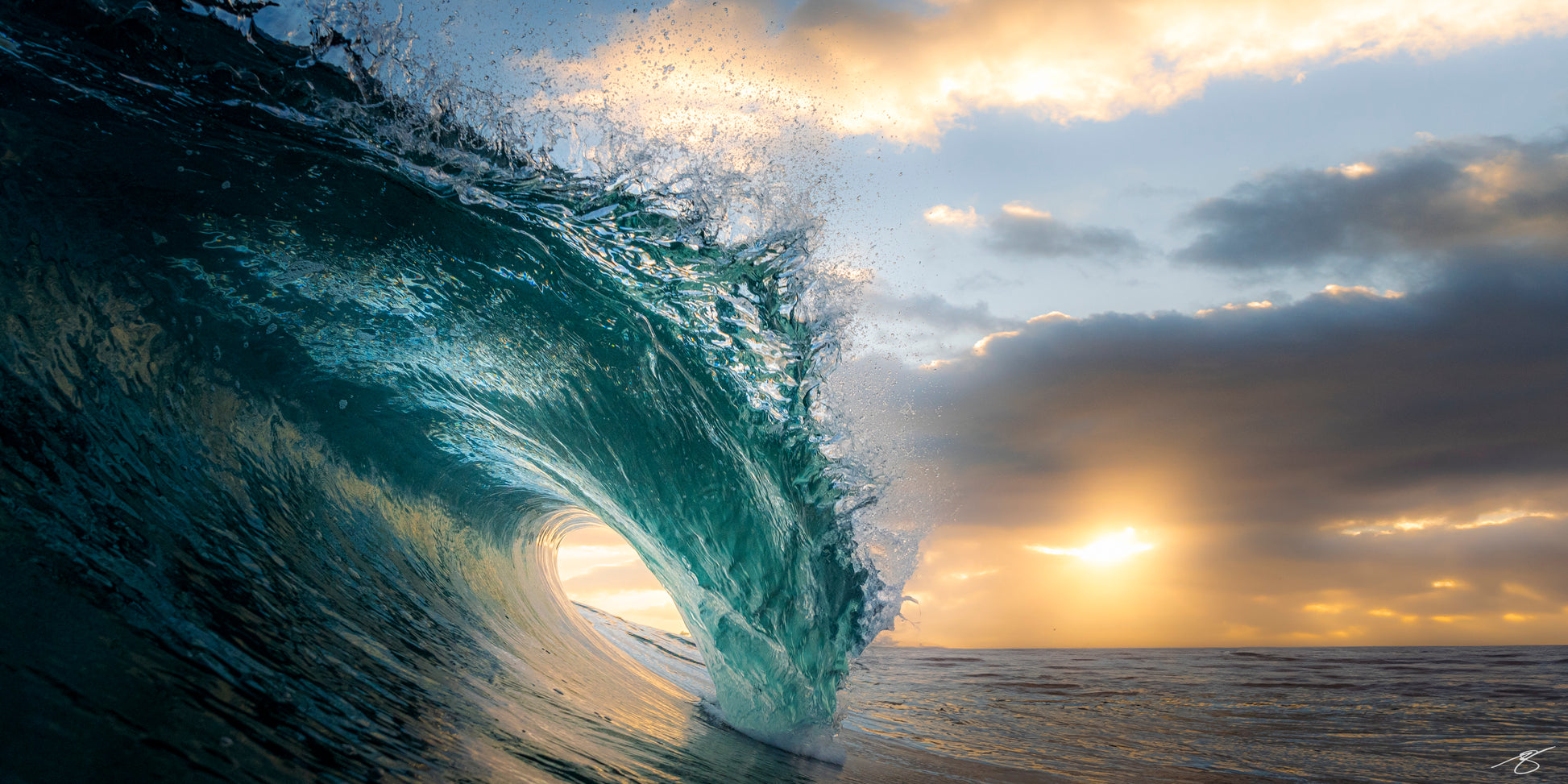 Golden sunrise wave breaking over the ocean, fine art seascape photography by Beau Jesse Johnston.