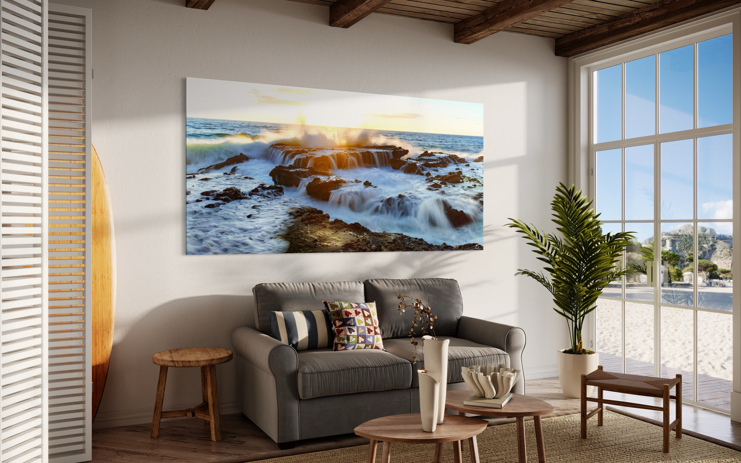 Long-exposure seascape of waves cascading over coastal rock formations at sunset in Laguna Beach. Golden light backlights the ocean spray as tidal waterfalls flow across the rugged shoreline, creating a dramatic fine art coastal scene.