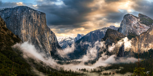 El Capitan and Half Dome at sunrise in Yosemite Valley, fine art landscape photograph by Beau Jesse Johnston.
