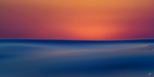 Minimalist long-exposure seascape of smooth blue ocean with a thin horizon and warm orange sunset sky in a panoramic format