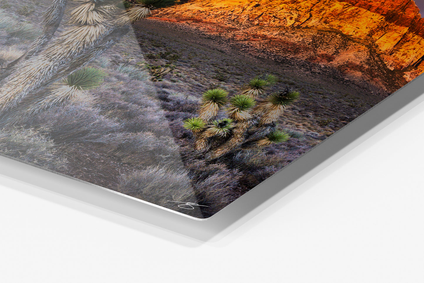 Close-up detail of the Desert Cathedral aluminum print showing the glossy archival metal finish and rounded corner