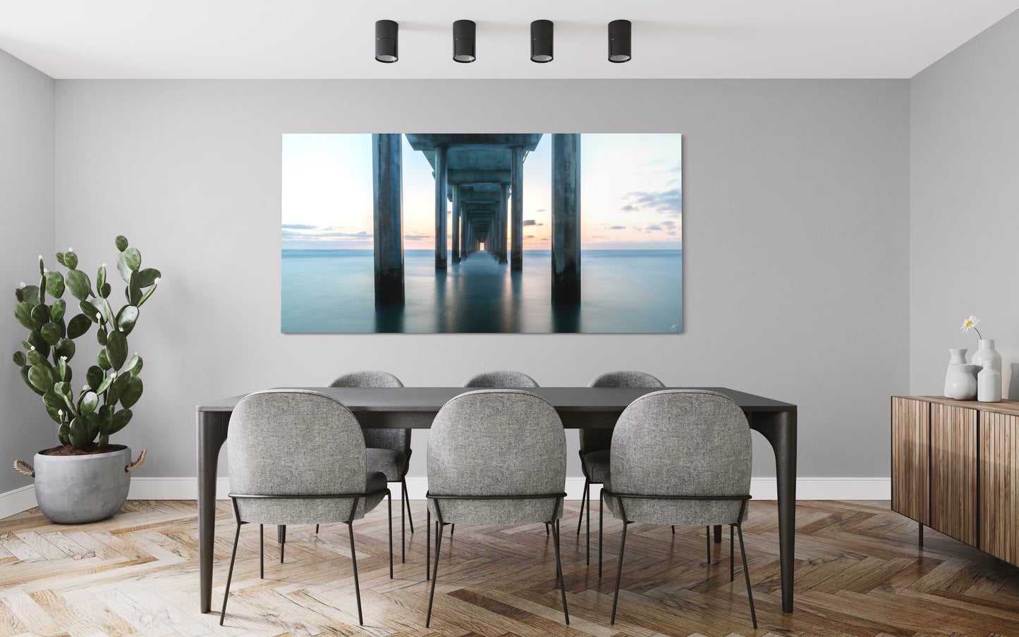 Endless Calm Under the Pier — Minimalist Ocean Sunset Print