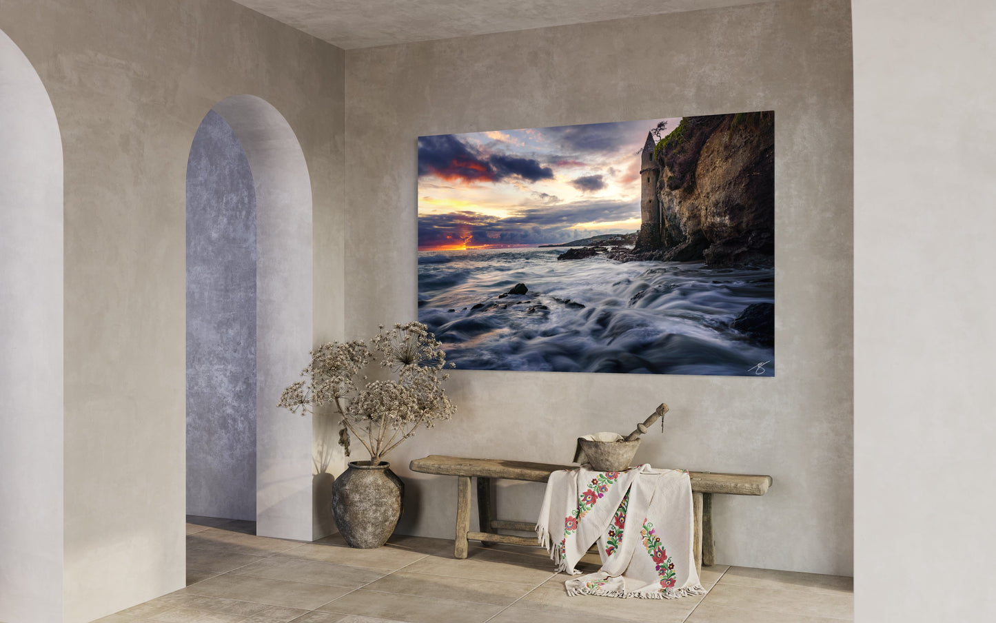 Laguna Beach Pirate Tower at Stormy Sunset — Victoria Beach Seascape
