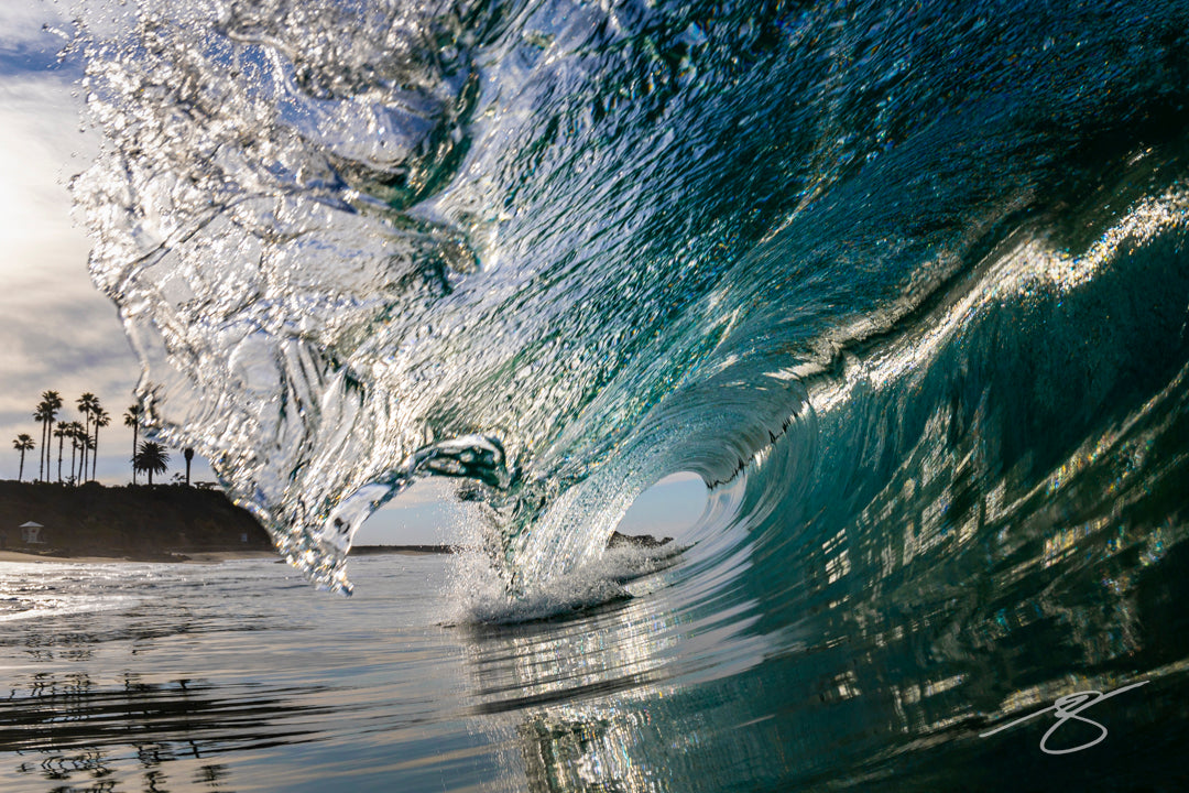 Close-up waterline view of a crystal wave forming a barrel with palm trees on the shoreline and shimmering reflections on the sea surface