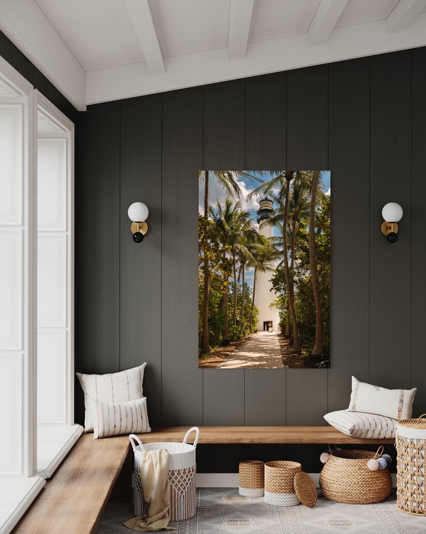 Tropical Beacon — Palm-Lined Lighthouse Fine Art Print