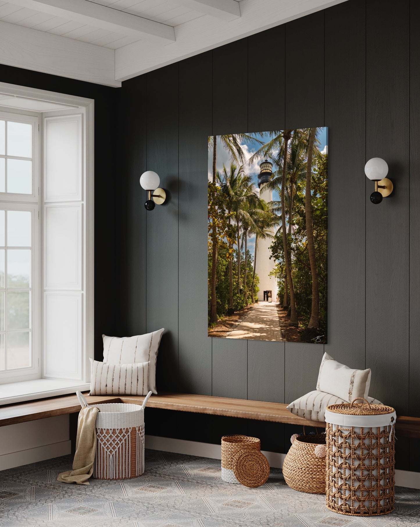 Tropical Beacon — Palm-Lined Lighthouse Fine Art Print