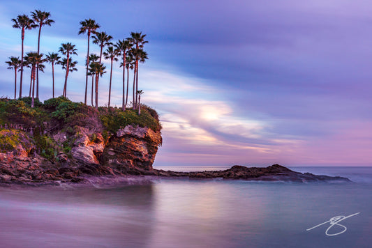 Long-exposure seascape of a palm-topped rocky bluff with pastel lavender and pink sky reflected on silky water; coastal fine art photograph