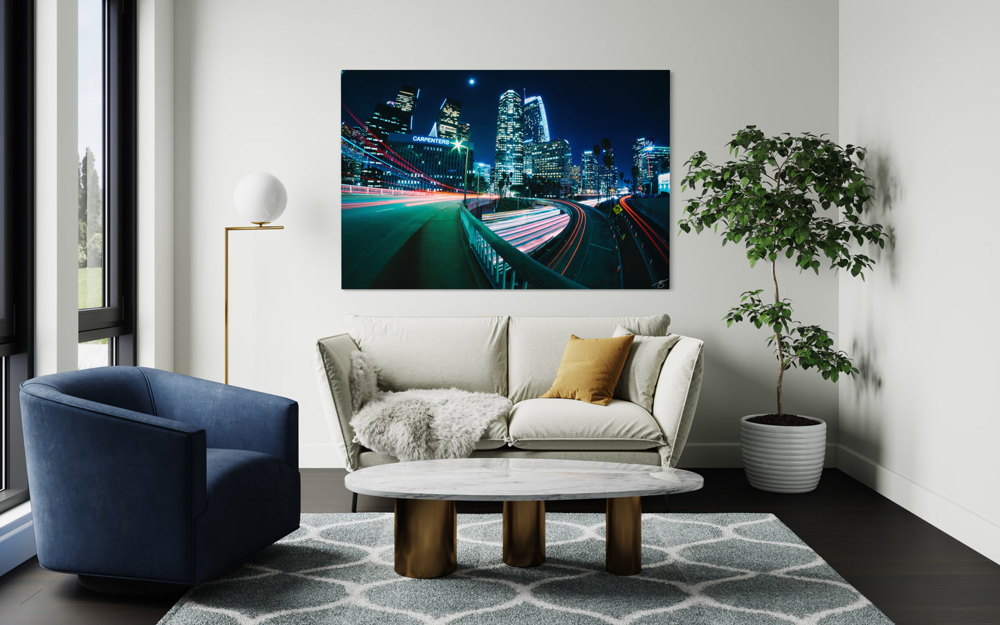 Downtown LA Light Trails — Neon Night Skyline Panoramic Print
