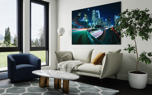 Downtown LA Light Trails — Neon Night Skyline Panoramic Print