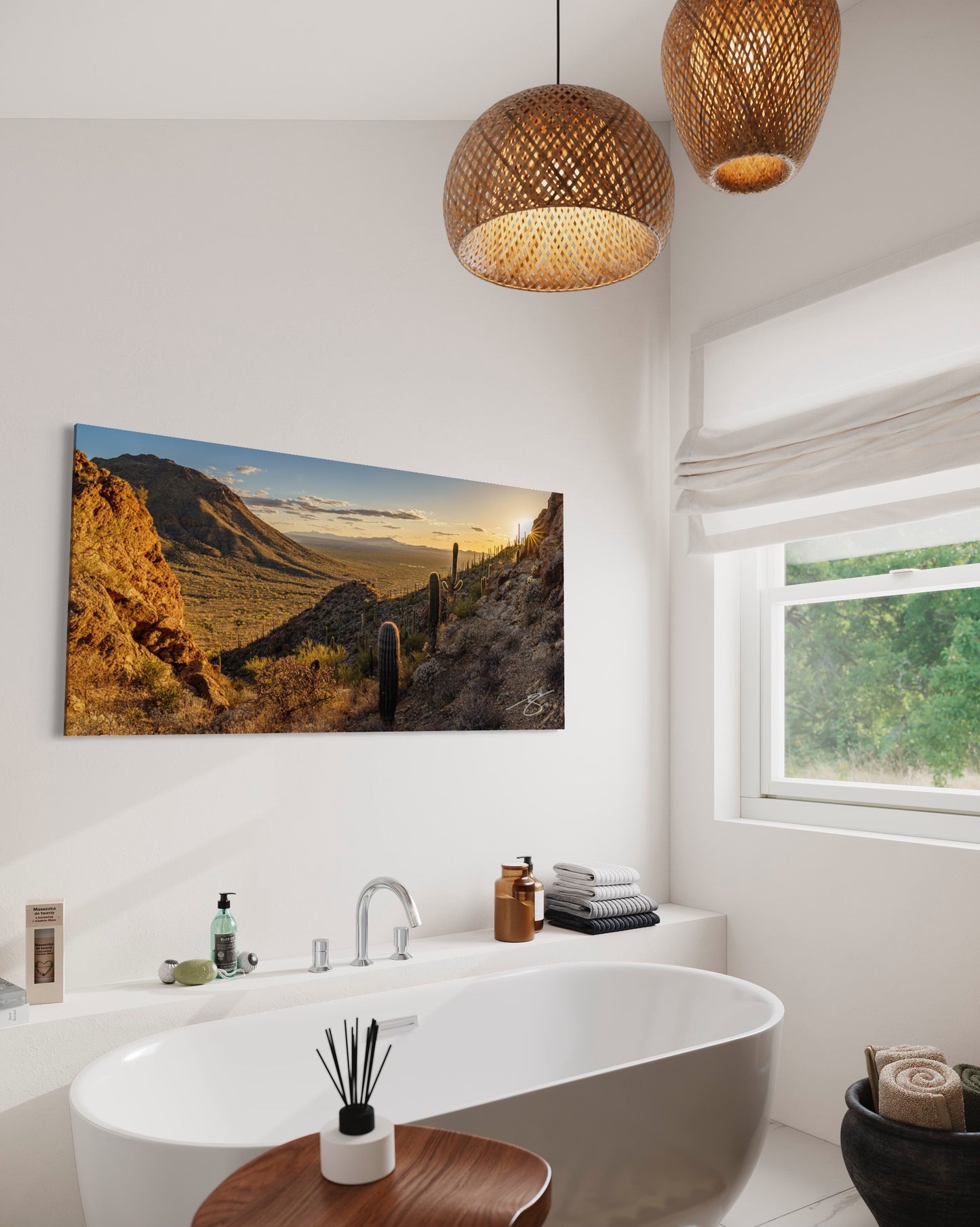 Sunstar Over Sonoran Valley — Saguaro Sunset Panorama