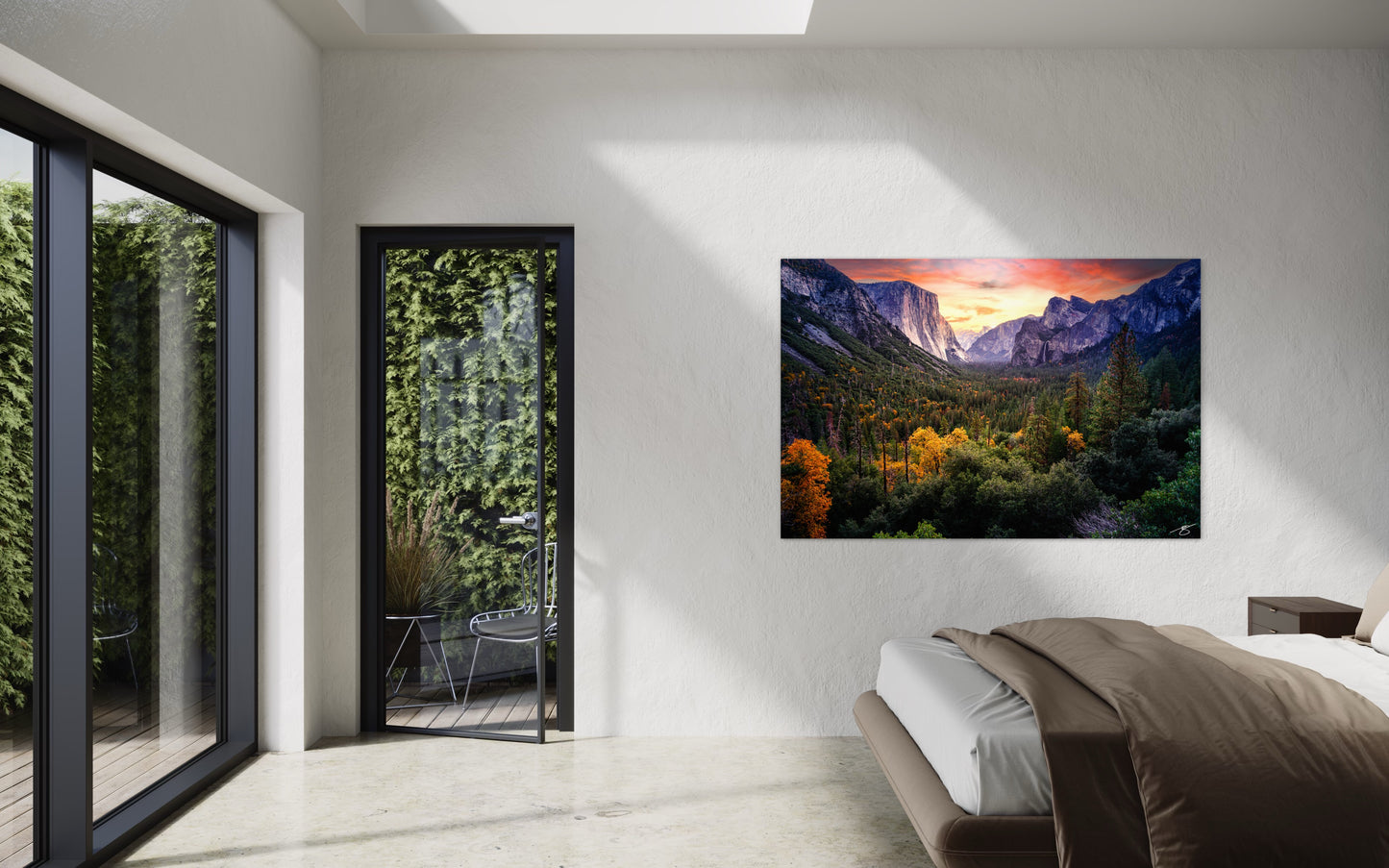A breathtaking Yosemite landscape at sunset with autumn color glowing beneath iconic granite peaks. A striking fine-art print for collectors and nature lovers.