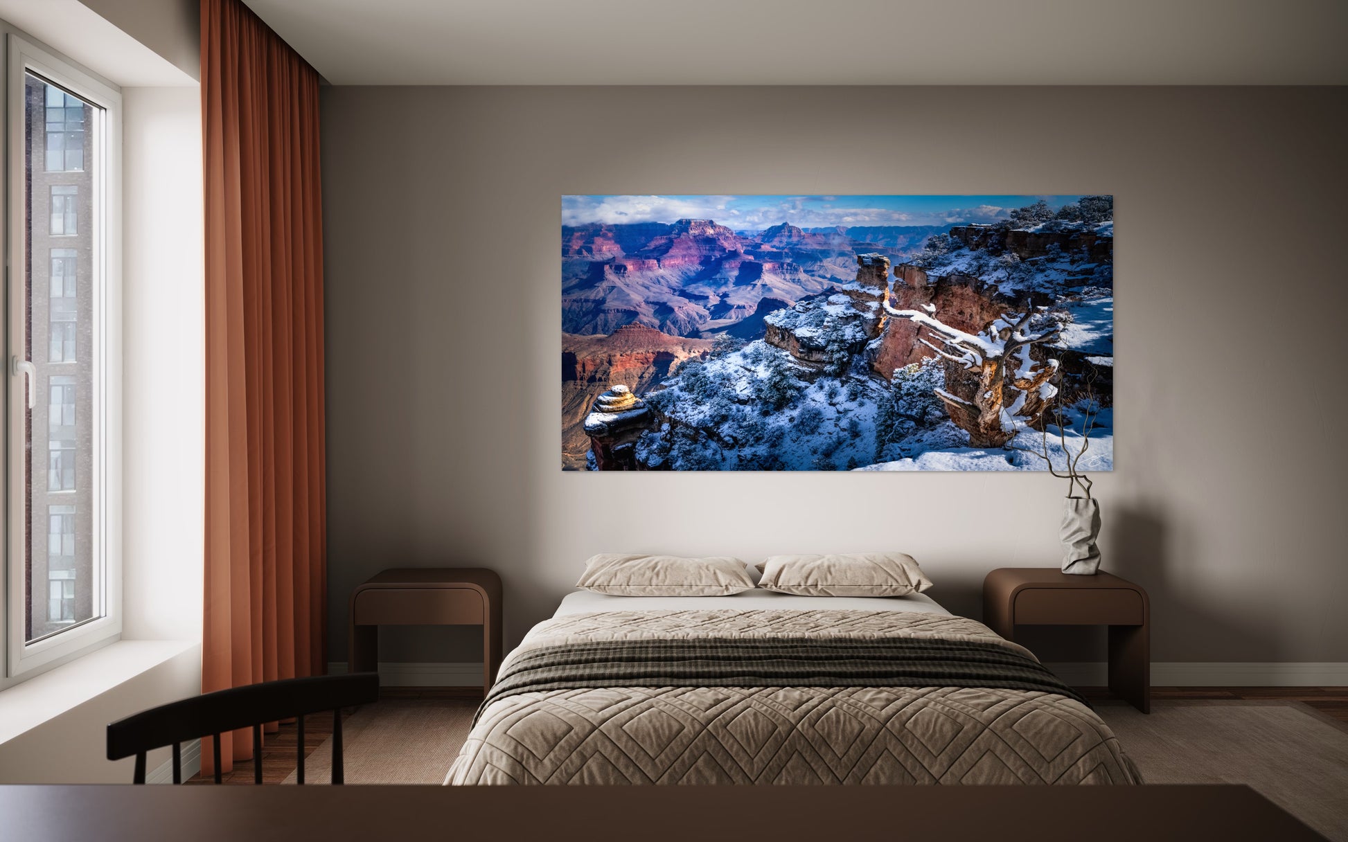 A breathtaking winter sunrise at the Grand Canyon’s South Rim, capturing snow-covered cliffs, glowing canyon walls, and dramatic depth in a fine art panorama.