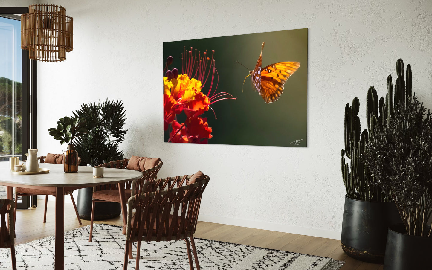 Butterfly in Flight Toward Vibrant Desert Bloom – Fine Art Macro Nature Photography