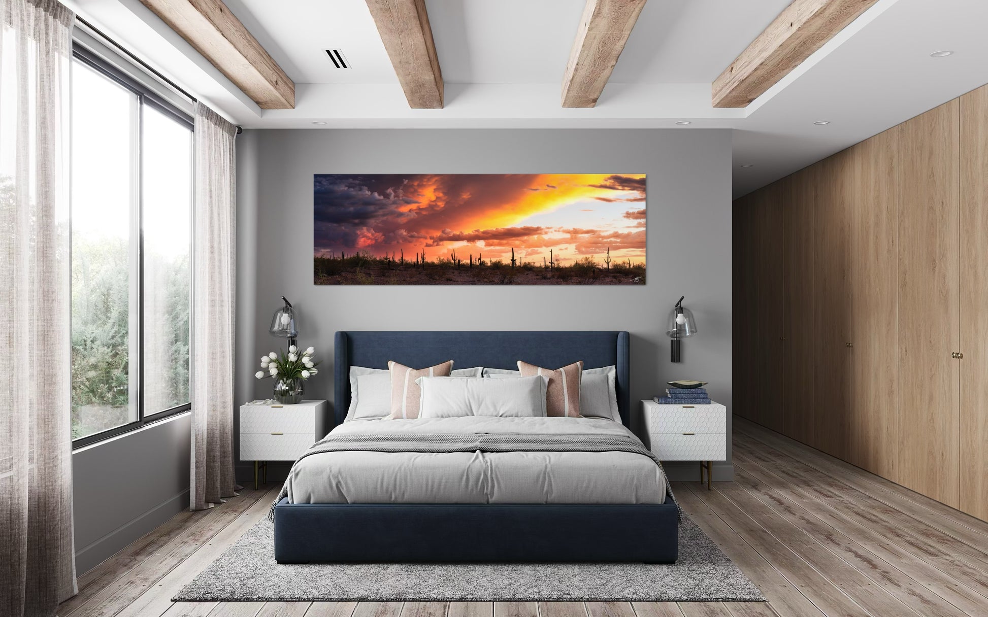 Modern bedroom with a large sunset mural on the wall