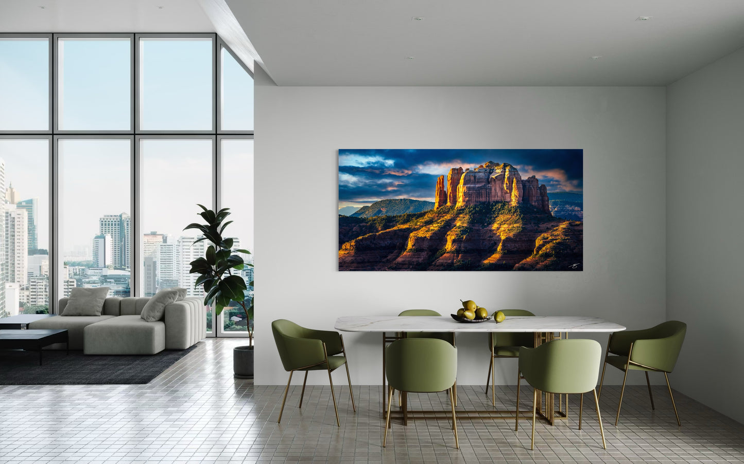 A dramatic sunrise illuminates Cathedral Rock in Sedona, casting warm golden light across sculpted red rock cliffs and ridges. A powerful Southwest landscape scene.