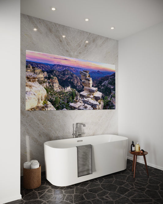 A dramatic sunset landscape from Edge of the World near Sedona, featuring the iconic Jenga Rock overlooking distant red rock canyons. Fine art print.