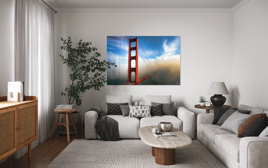 Living room with a large TV displaying the Golden Gate Bridge, surrounded by decor elements.