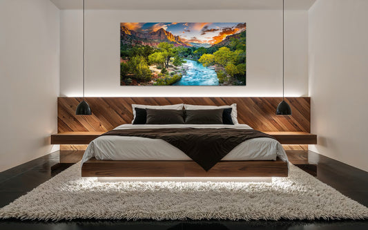 A glowing sunset over Zion’s iconic Watchman as the Virgin River winds through autumn color. A vibrant fine art panorama capturing Utah’s famous canyon landscape.
