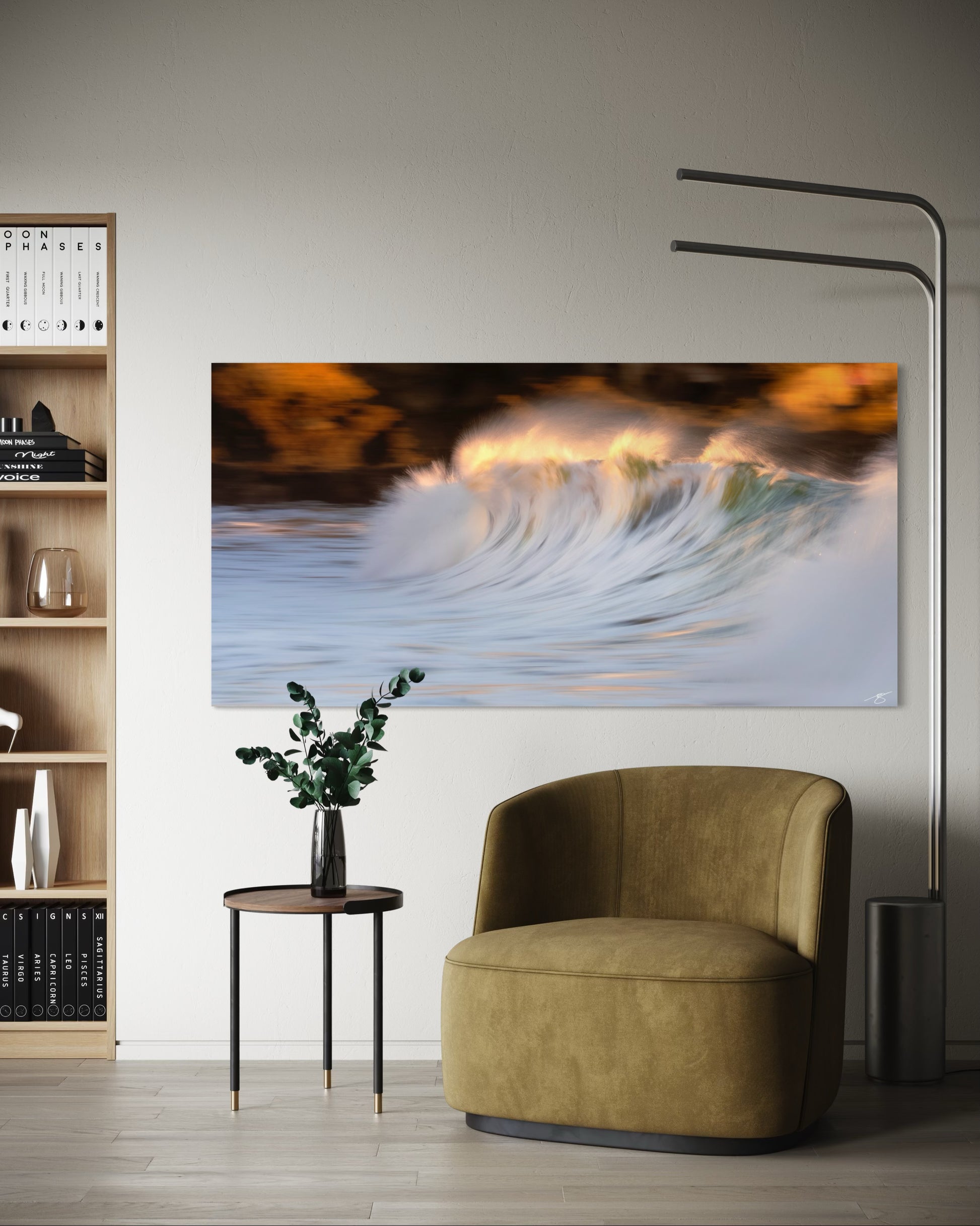 A glowing wave captured in soft motion blur as sunset light ignites the spray. An abstract fine art ocean photograph blending fluid movement and warm coastal color.