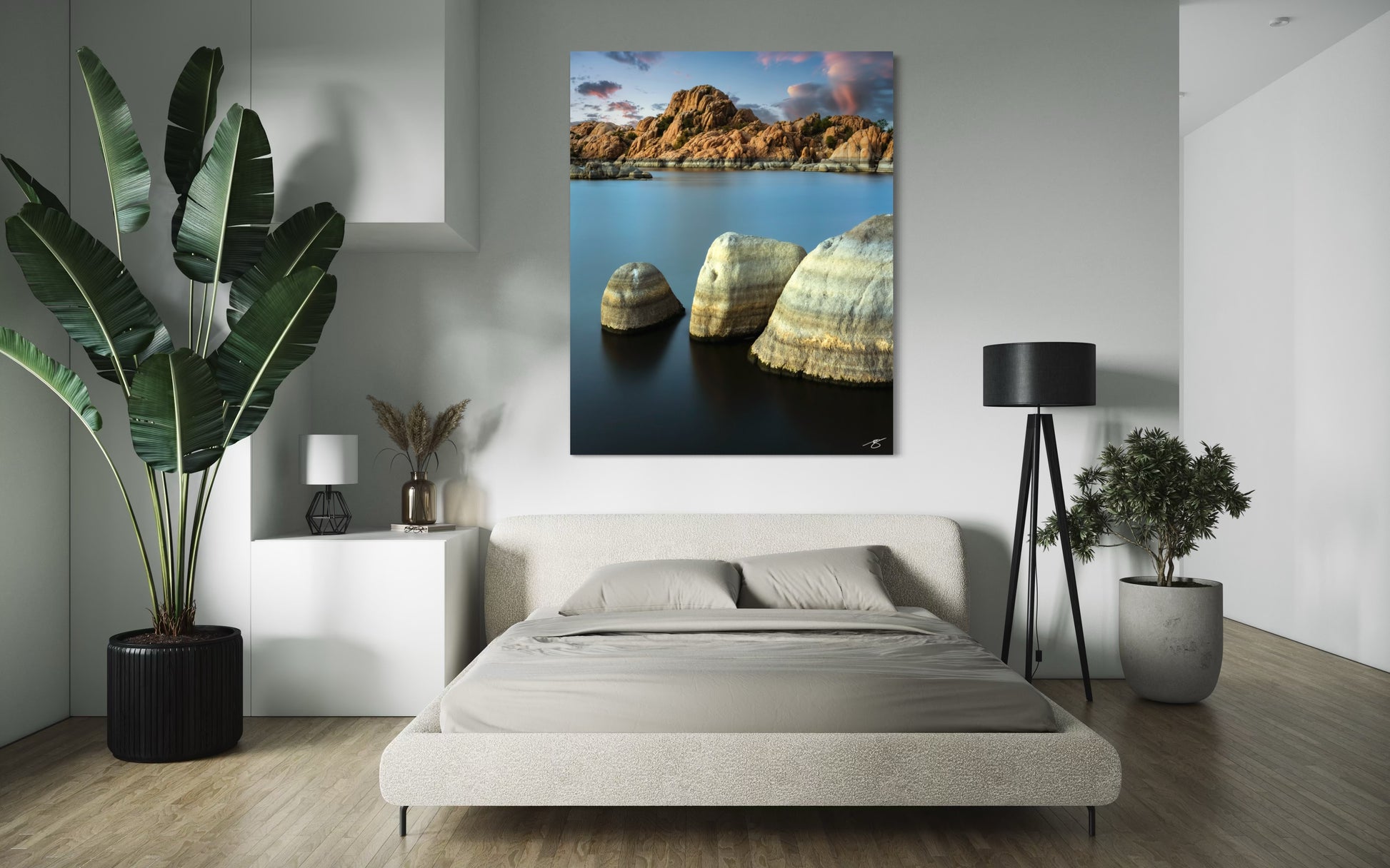 A peaceful long-exposure landscape of Watson Lake’s Granite Dells at sunset. Smooth water, sculpted boulders, and warm desert light create a serene fine-art scene.