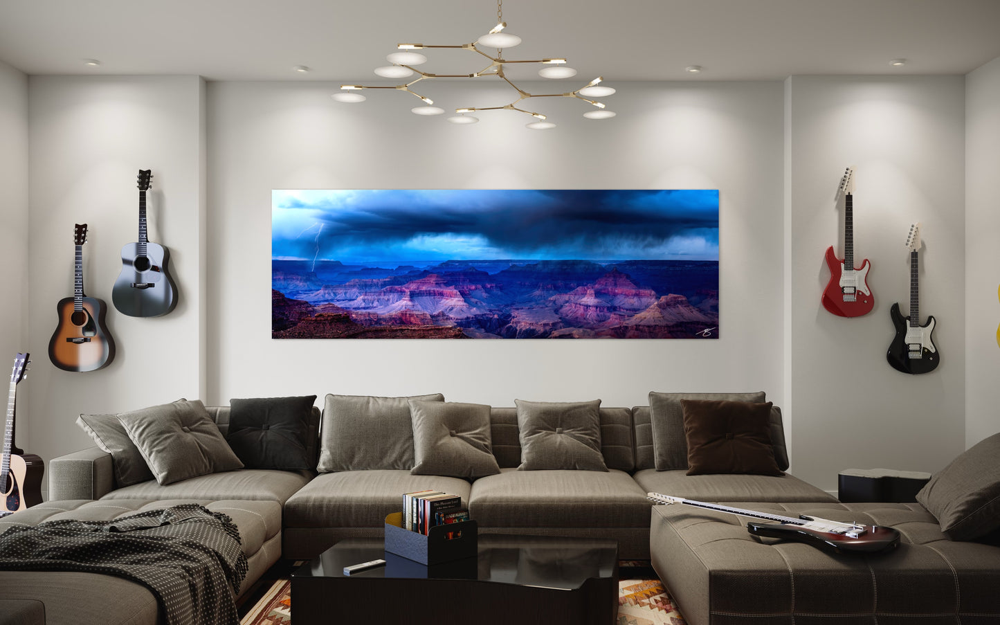 A powerful monsoon storm unleashes lightning over the Grand Canyon in this rare panoramic moment. Dramatic desert light and storm energy captured in fine-art detail.