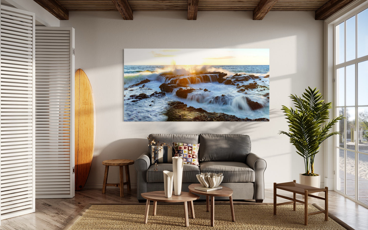 Living room with a large wall art of ocean waves, gray sofa, and wooden coffee table.