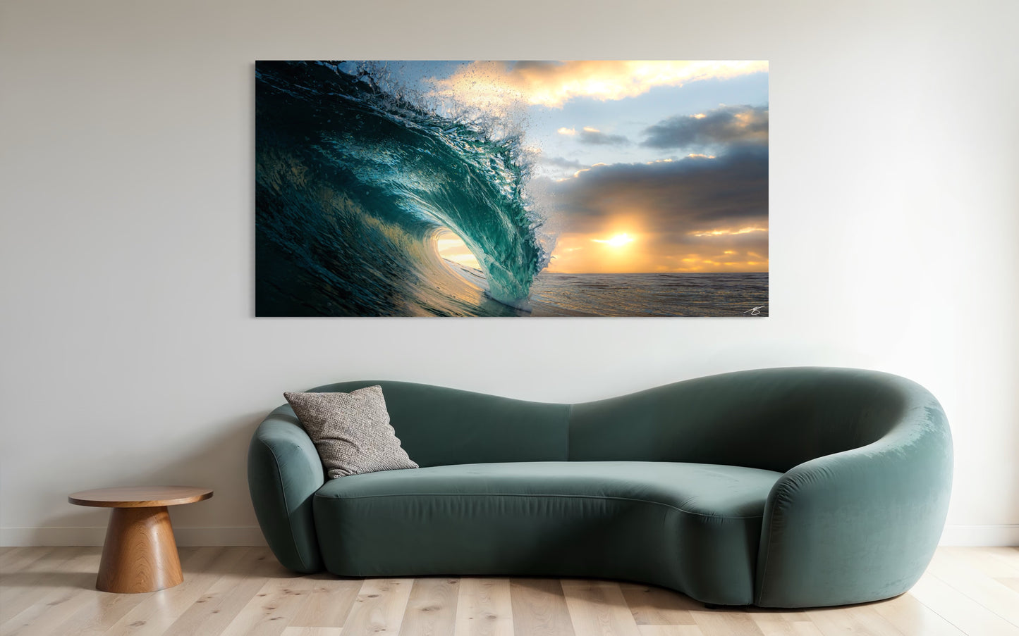 A powerful sunrise wave curls into a glowing barrel as golden light breaks through the clouds. A dramatic fine art ocean photograph for surf and seascape collectors.
